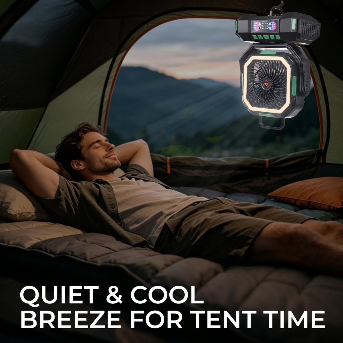 ANS F22 camping fan with LED light on beach campsite