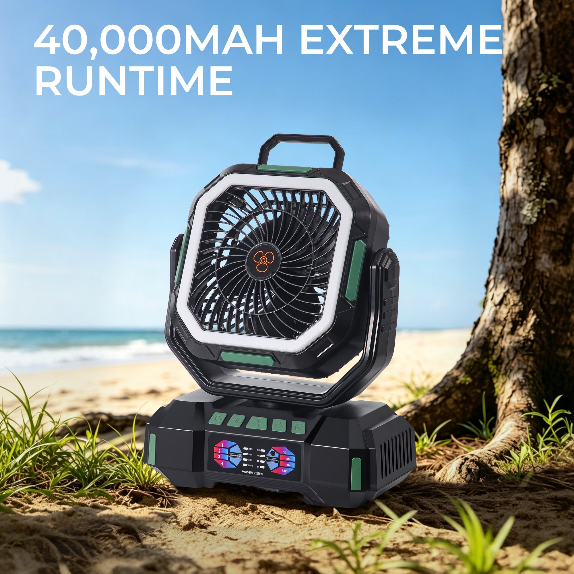 ANS F22 portable camping fan with LED light, 40000mAh battery, outdoor use