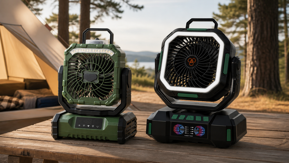 ANS F12 and F22 camping fans side by side at an outdoor campsite