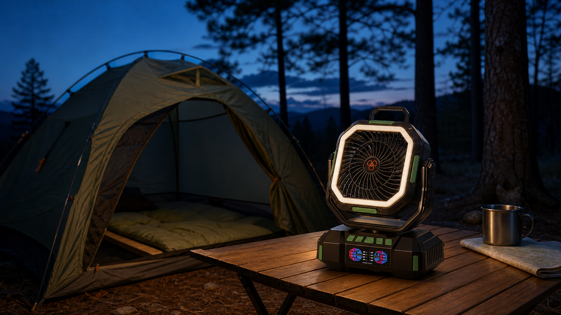 ANS F22 camping fan glowing on a wooden table beside a tent at blue hour