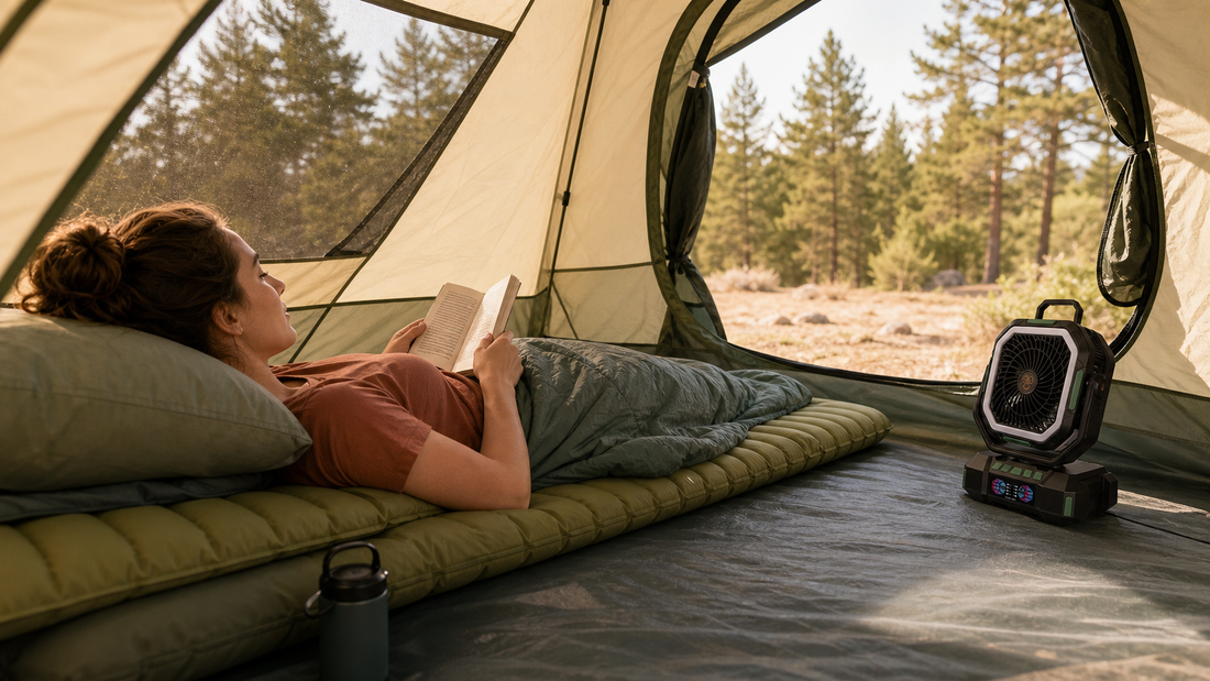 ANS F22 camping fan cooling a camper inside a ventilated summer tent
