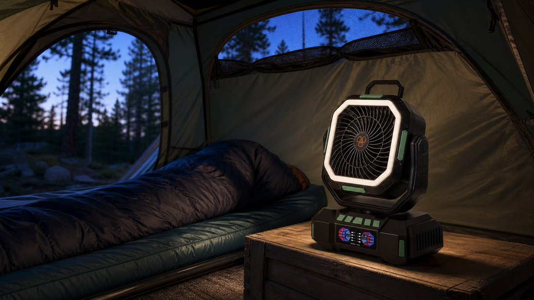 ANS F22 camping fan providing gentle airflow beside a sleeping area in a ventilated tent