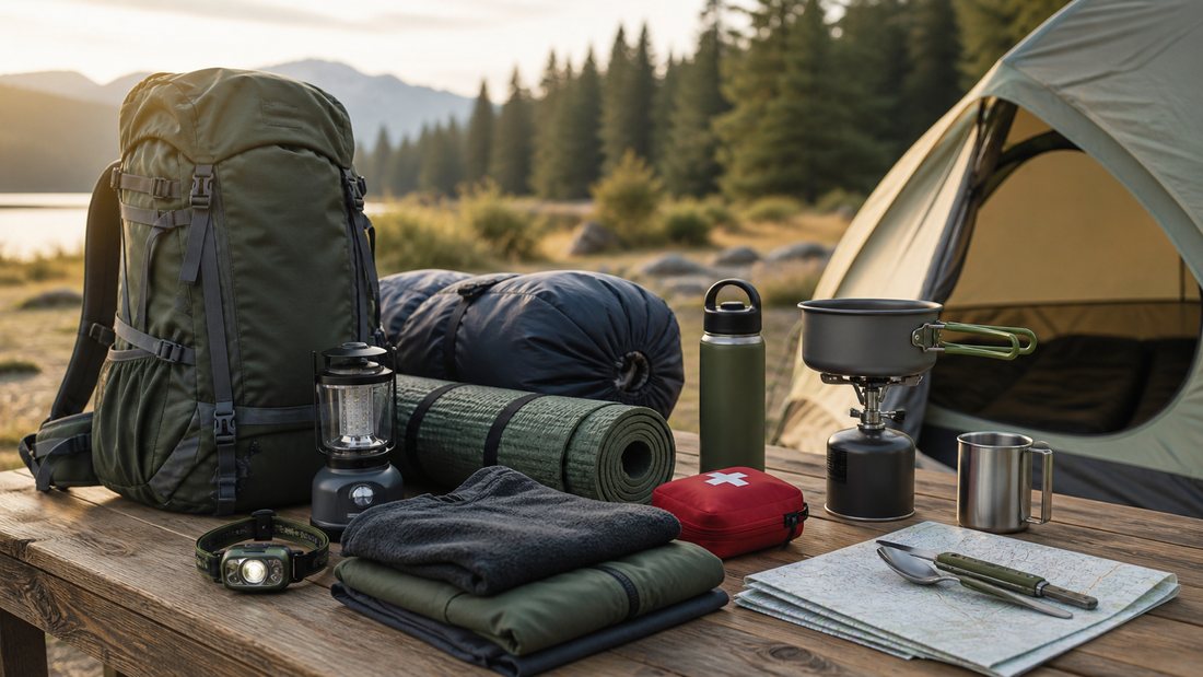 Camping gear checklist with a tent, backpack, sleeping bag, lantern, water bottle, first-aid kit, stove, and clothing arranged for packing