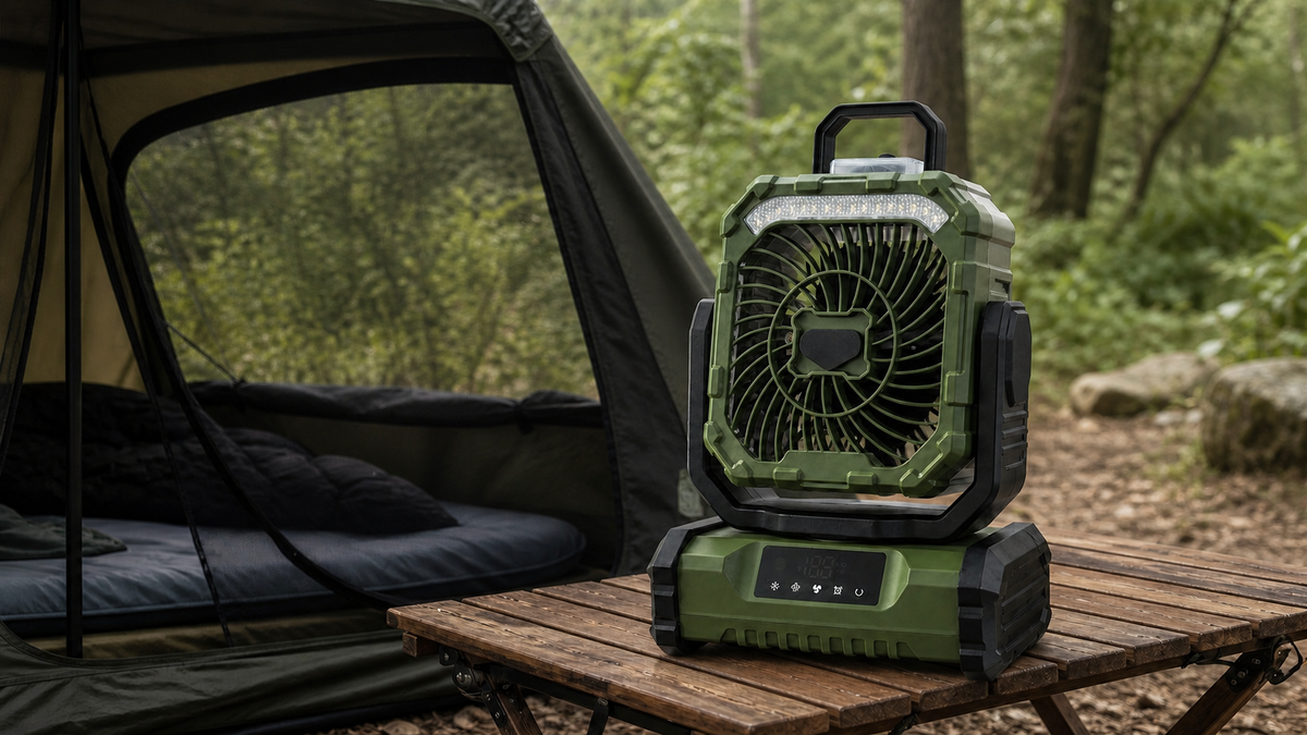 F12 misting camping fan beside a ventilated tent in humid weather