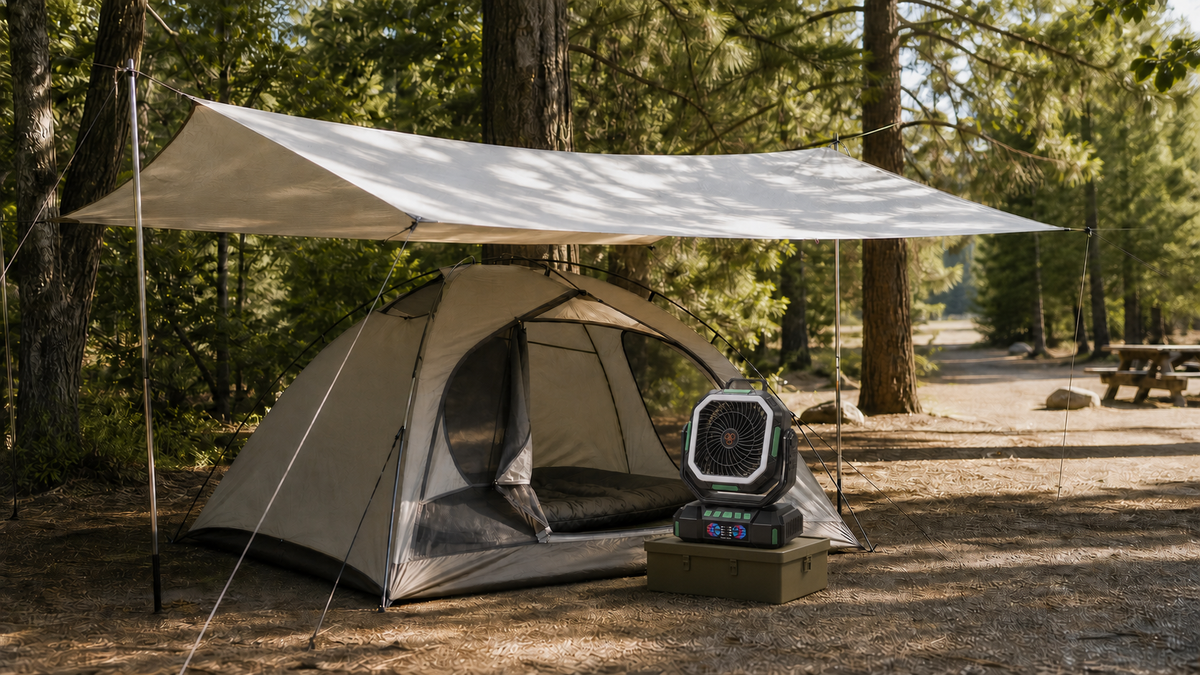 F22 camping fan beside a shaded tent with a reflective tarp for off-grid cooling