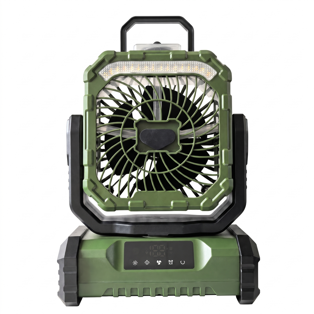 Green ANS F12 misting camping fan with LED light, carry handle, and touch controls
