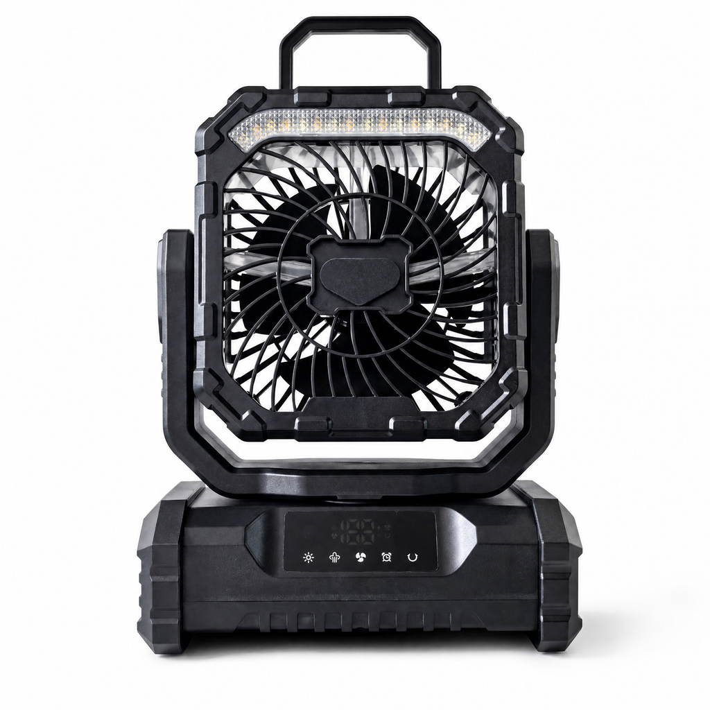 Black ANS F12 misting camping fan with LED light, carry handle, and touch controls