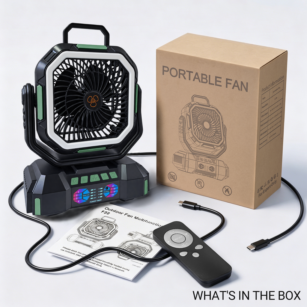 F22 camping fan package contents with fan, remote, USB-C cable, manual, and box