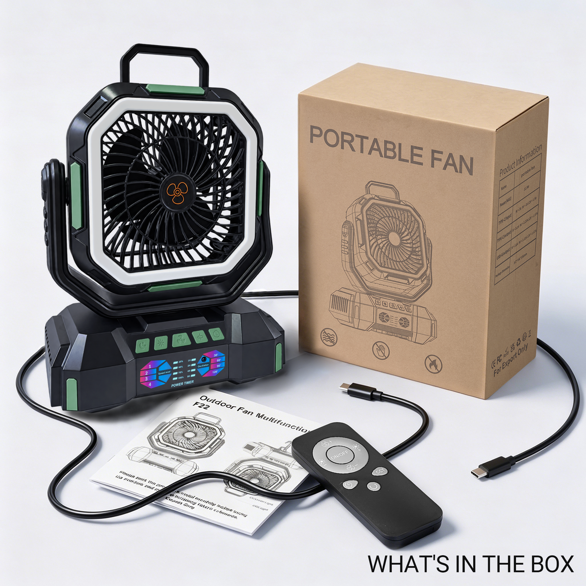 F22 camping fan package contents with fan, remote, USB-C cable, manual, and box