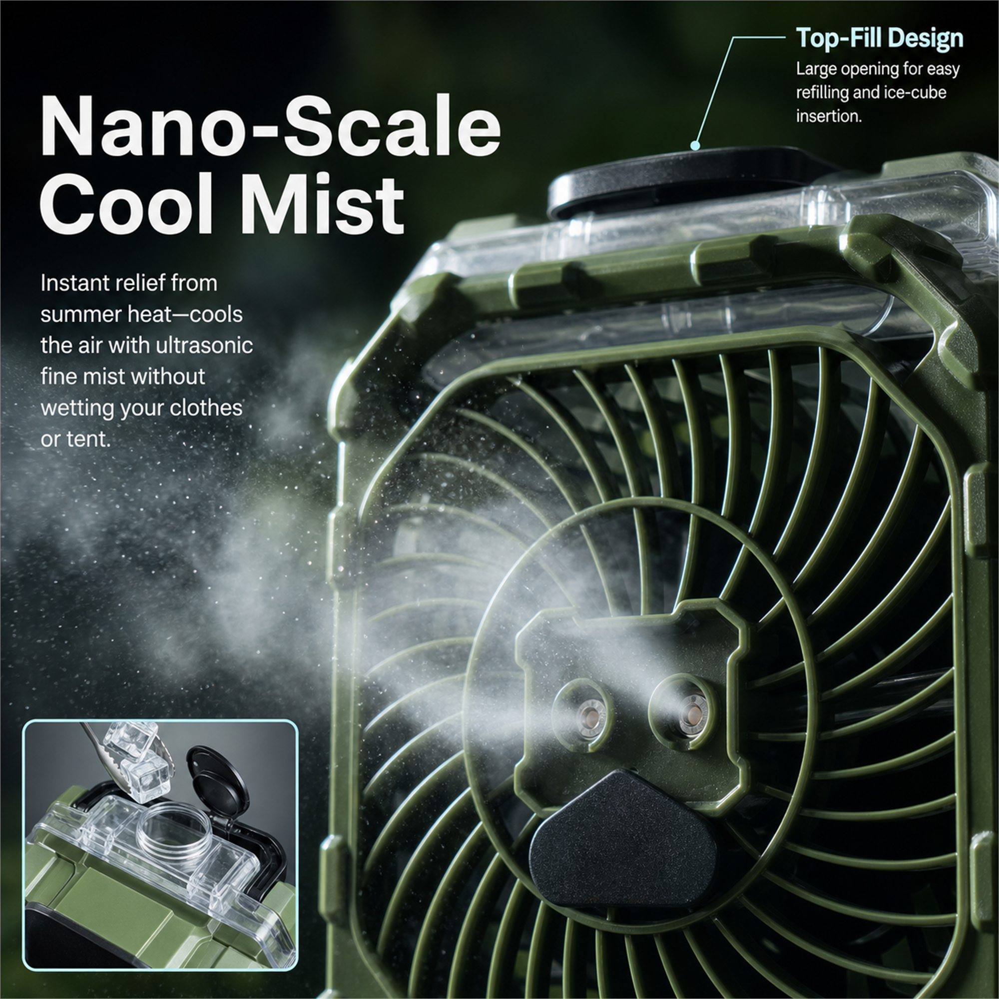 Green ANS F12 misting camping fan showing nano-scale cool mist and top-fill water tank design