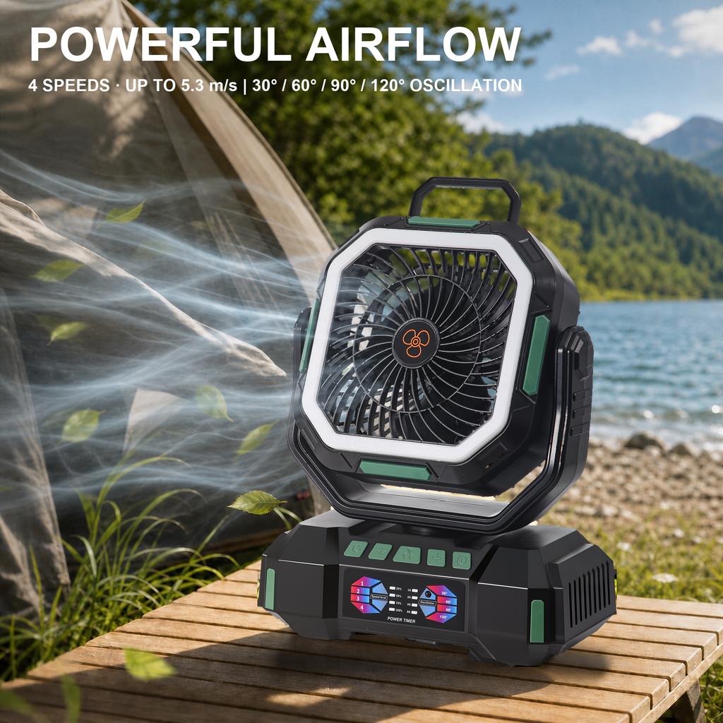 ANS F22 Camping Fan – 4-Speed Powerful Airflow up to 5.3 m/s with 30°–120° Oscillation