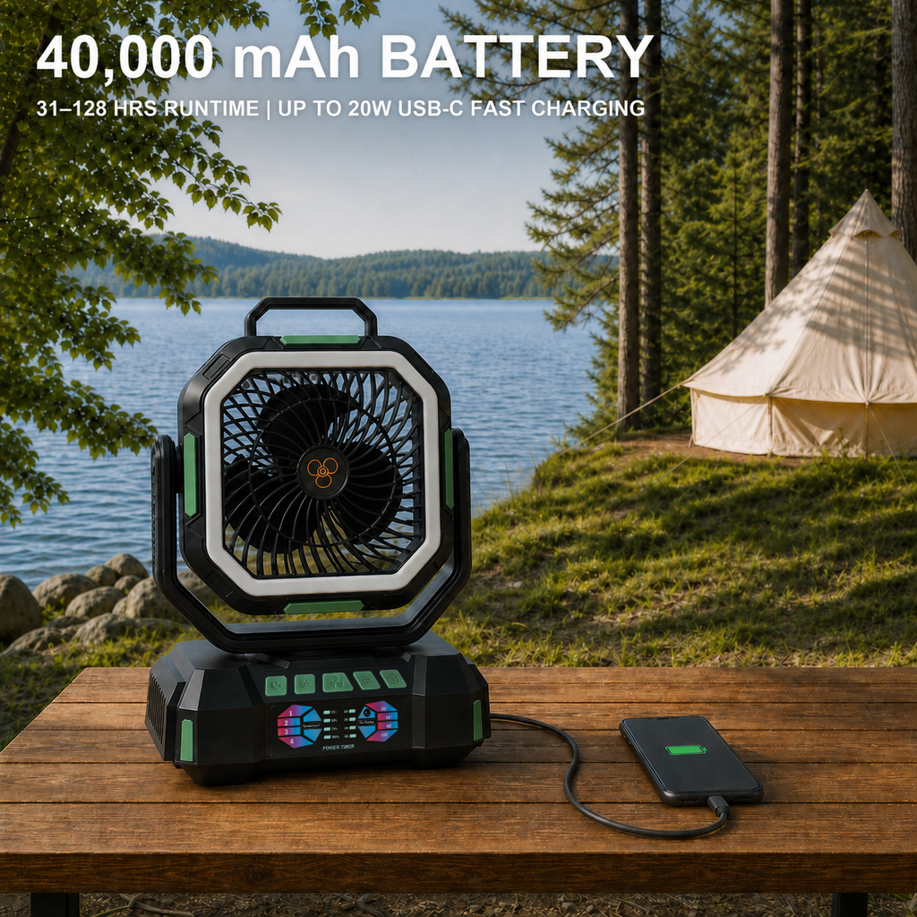 ANS F22 Camping Fan – 40,000mAh Battery, 31–128 Hrs Runtime, USB-C Fast Charging Power Bank