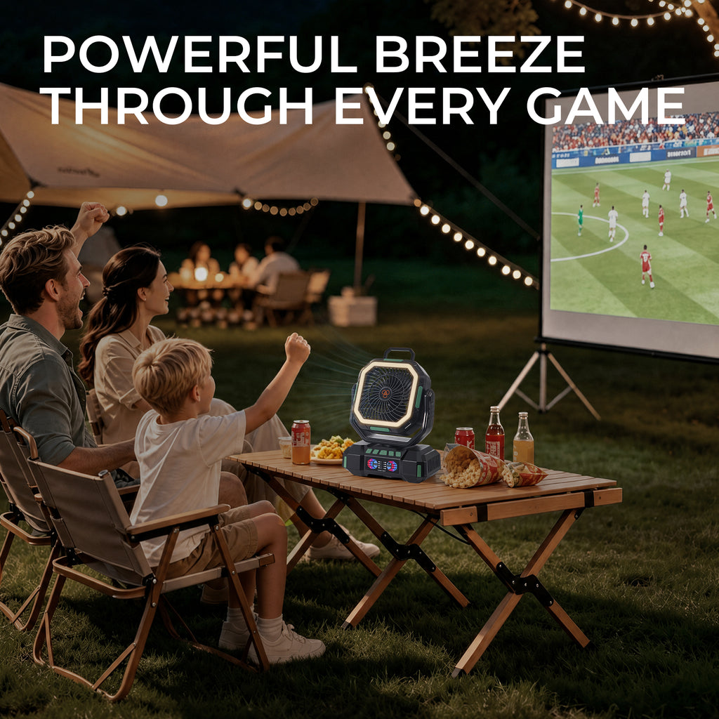 ANS F22 camping fan designed for cooling, lighting, and charging devices outdoors