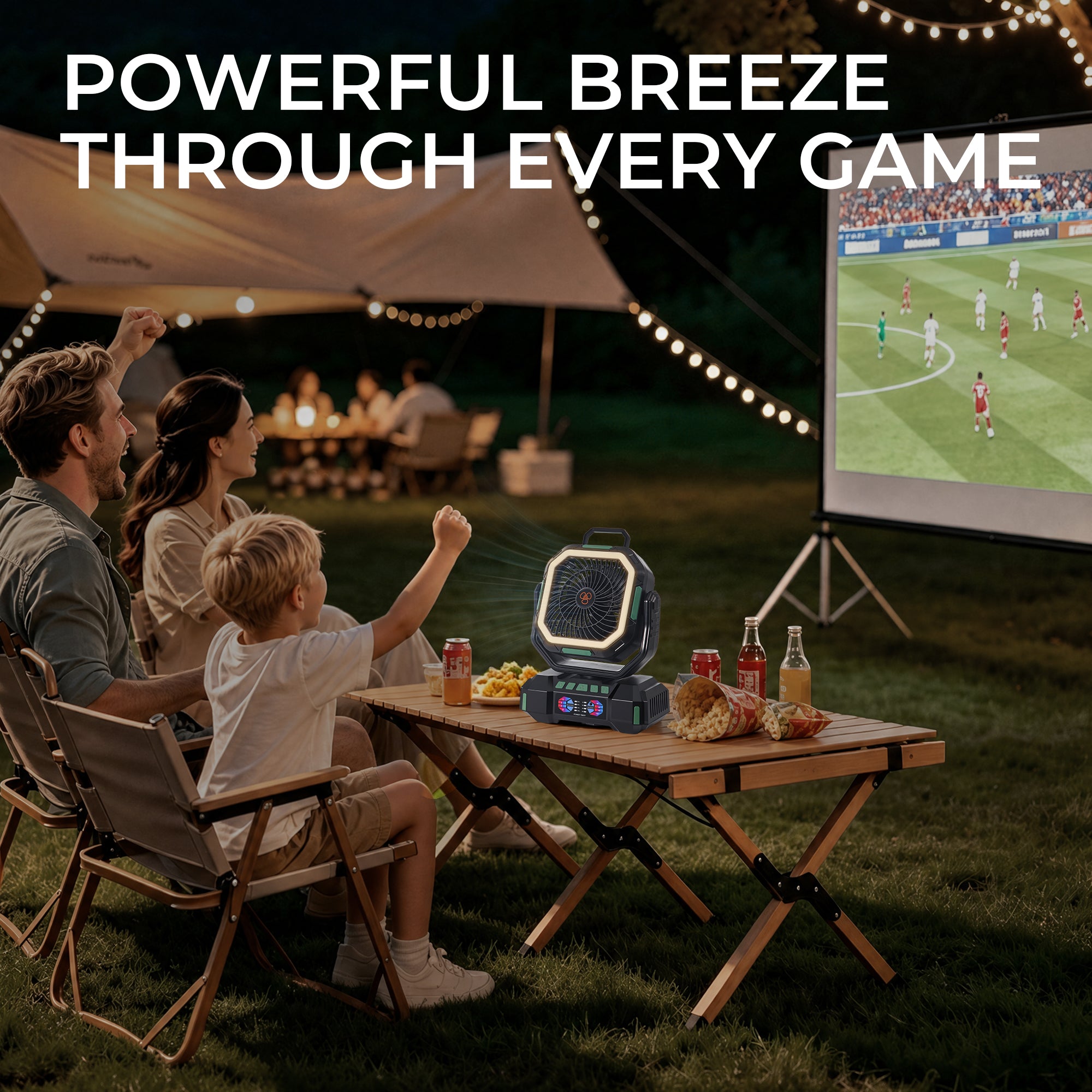 ANS F22 camping fan designed for cooling, lighting, and charging devices outdoors