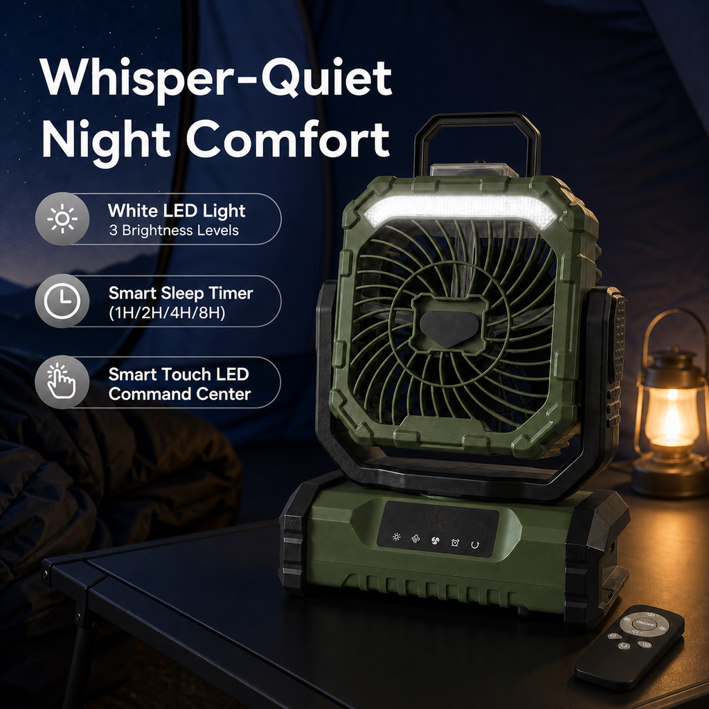 Green ANS F12 camping fan with three-level LED light, sleep timer, touch controls, and remote at night