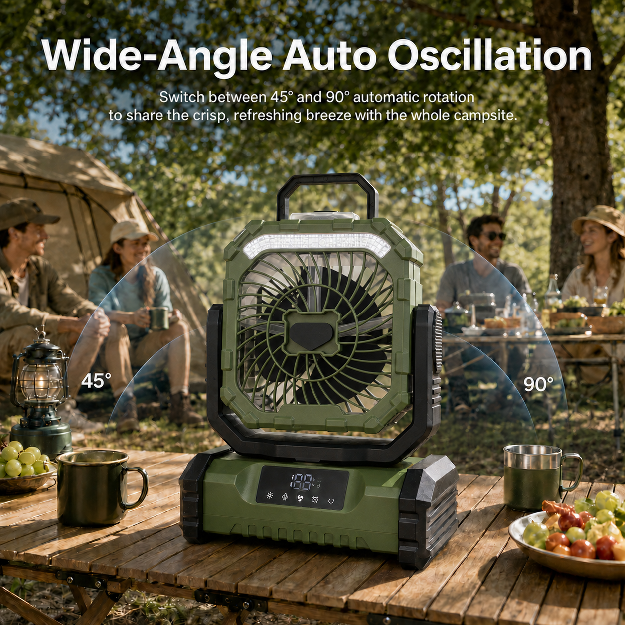 Green ANS F12 camping fan showing 45-degree and 90-degree automatic oscillation at a campsite