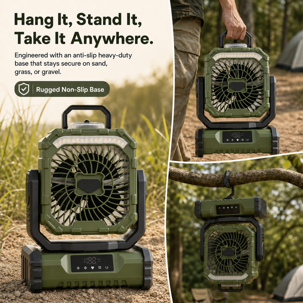 Green ANS F12 camping fan with non-slip base, carry handle, and hanging hook for outdoor use