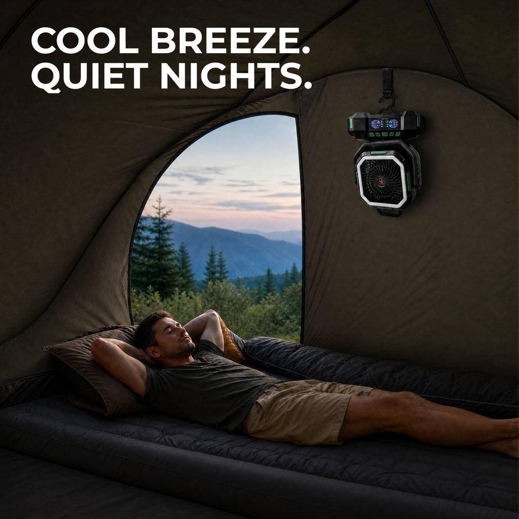ANS F22 Camping Fan Hanging Inside Tent – Quiet Overnight Cooling for Better Sleep Outdoors