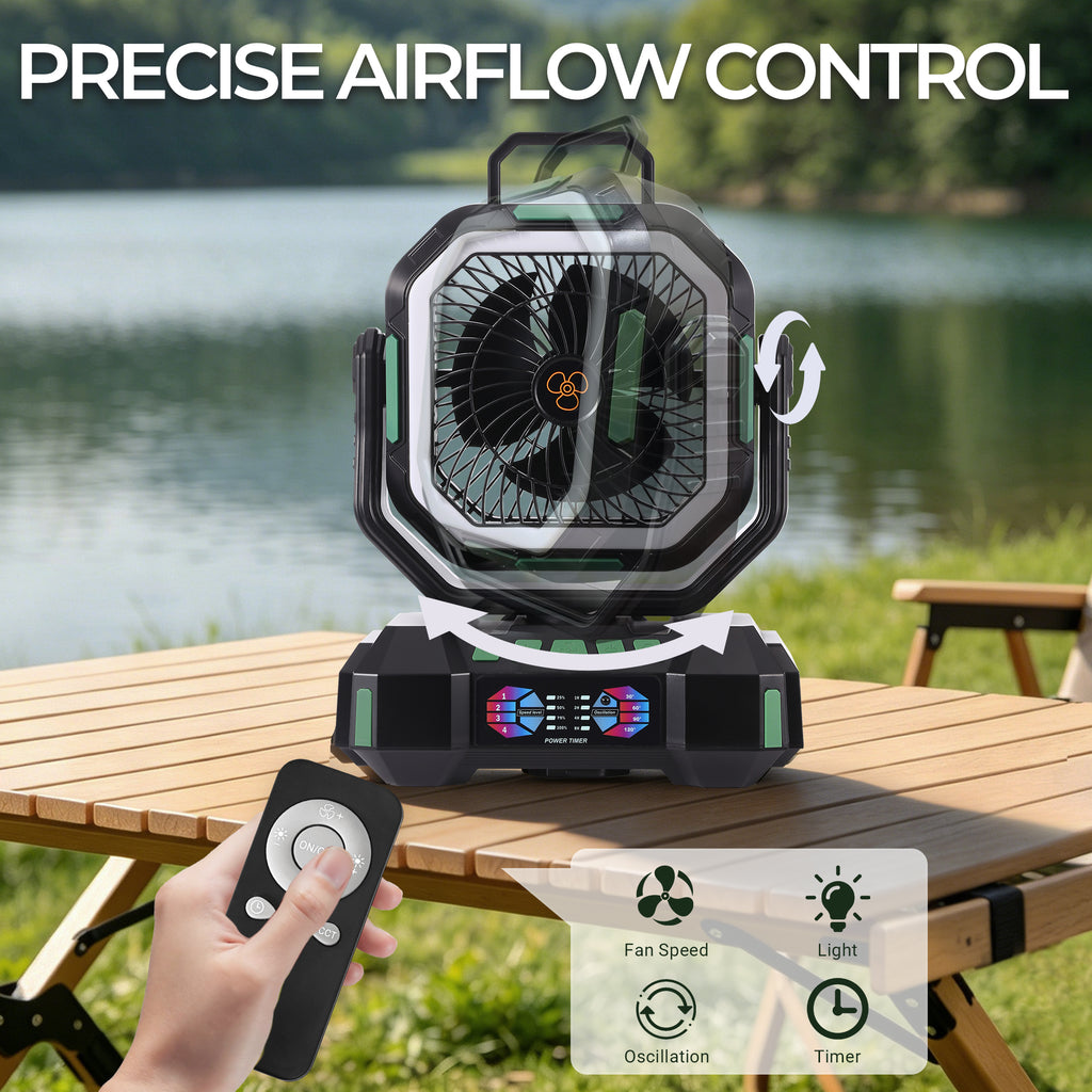 Portable camping fan for tents, RV travel, and emergency backup power