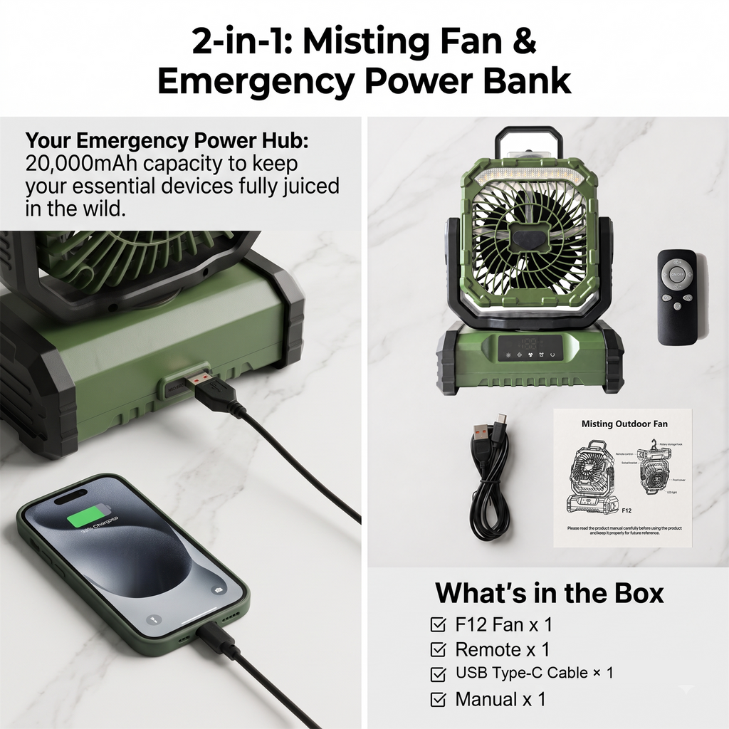 ANS F12 camping fan charging a phone beside the included remote, charging cable, and manual