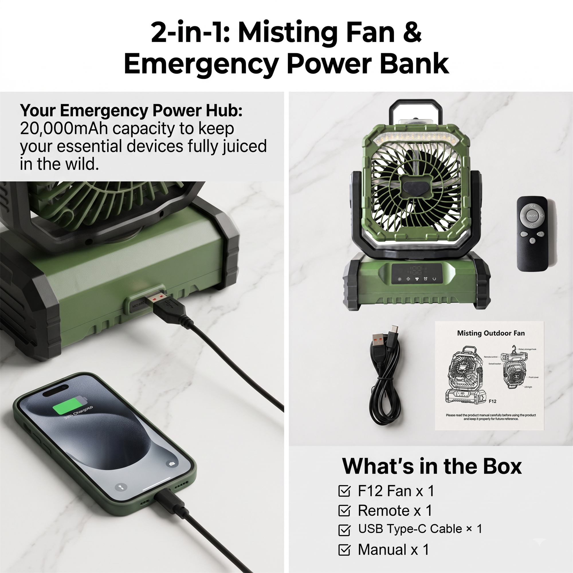 ANS F12 camping fan charging a phone beside the included remote, charging cable, and manual