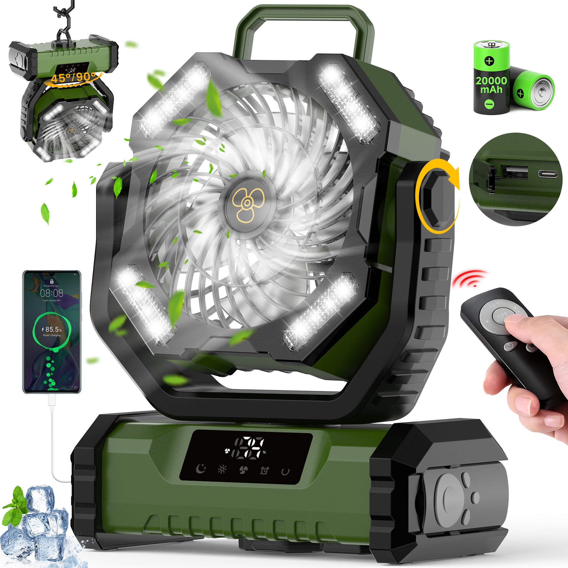 BreezeCamp F26 Touch Screen Camping Fan - 20000mAh Battery, 58H Runtime, LED Light & Power Bank