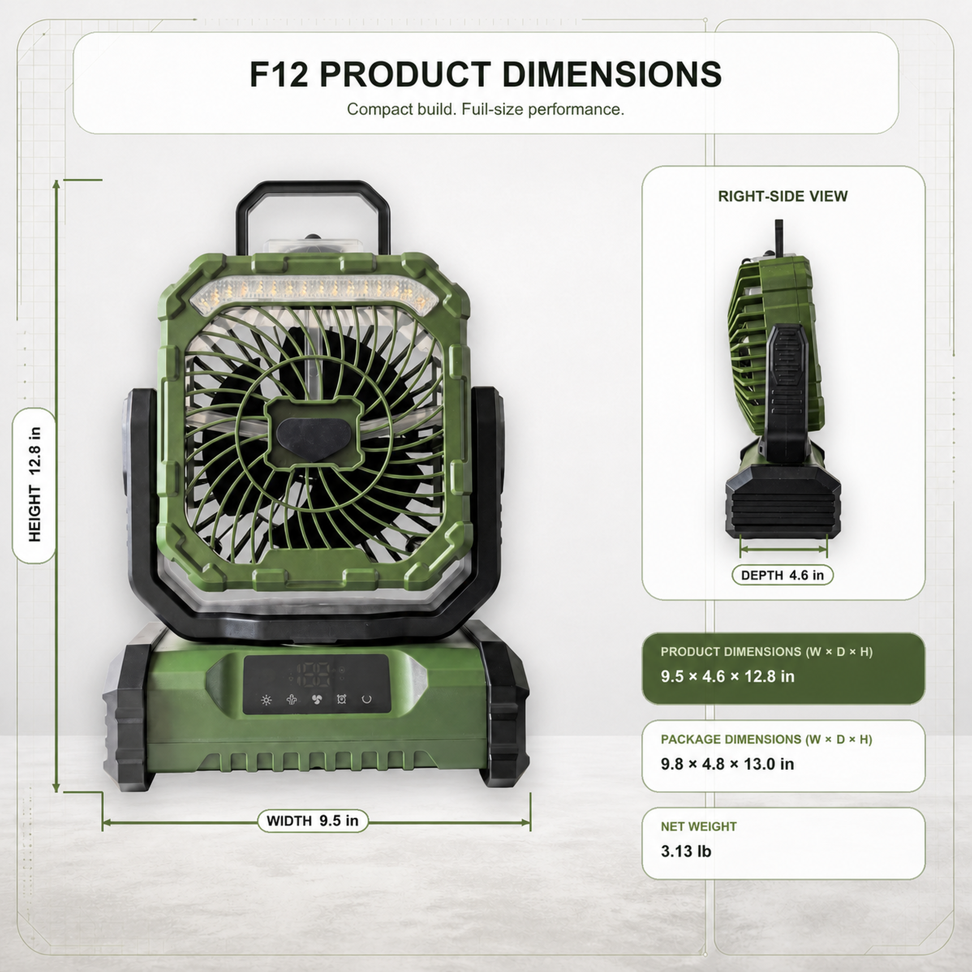 ANS F12 misting camping fan dimensions: 9.5 inches wide, 4.6 inches deep, 12.8 inches high, and 3.13 pounds