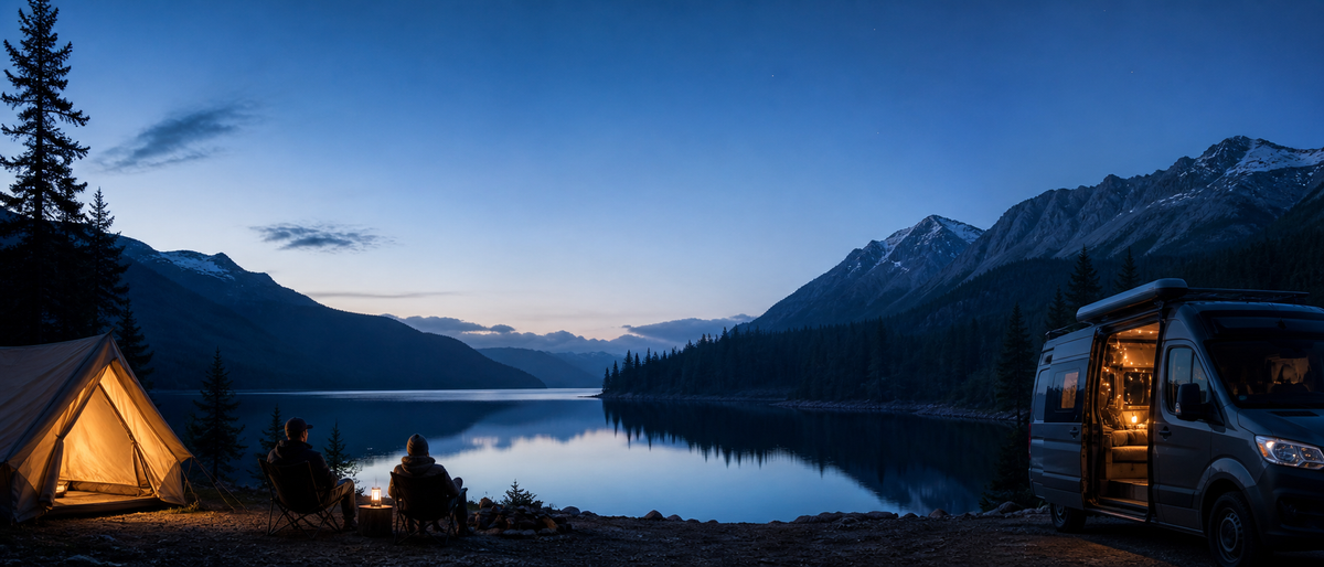 Two campers relaxing beside a mountain lake at a comfortable evening campsite